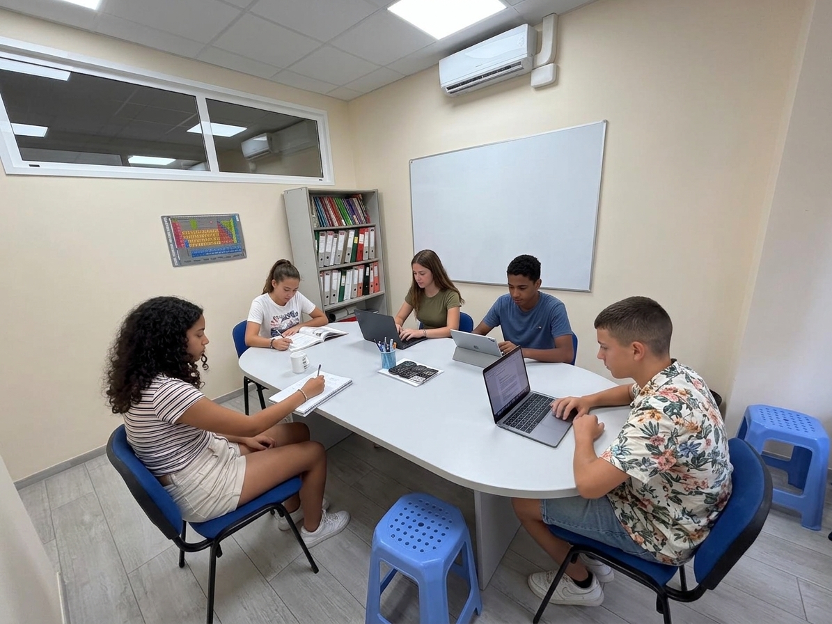 Alumnos de ESO alrededor de la mesa de trabajo