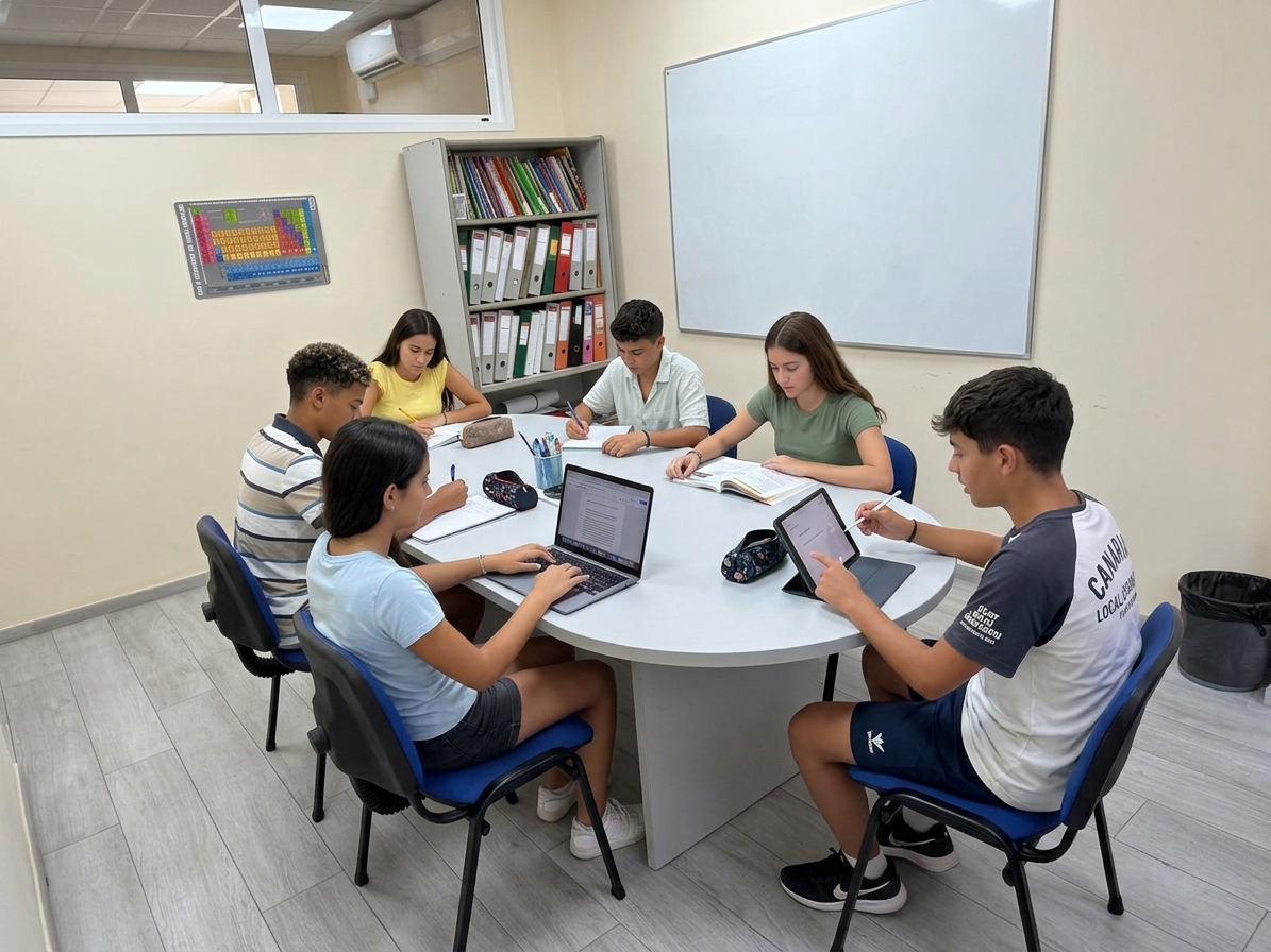 Alumnos adultos y jóvenes trabajando en el aula